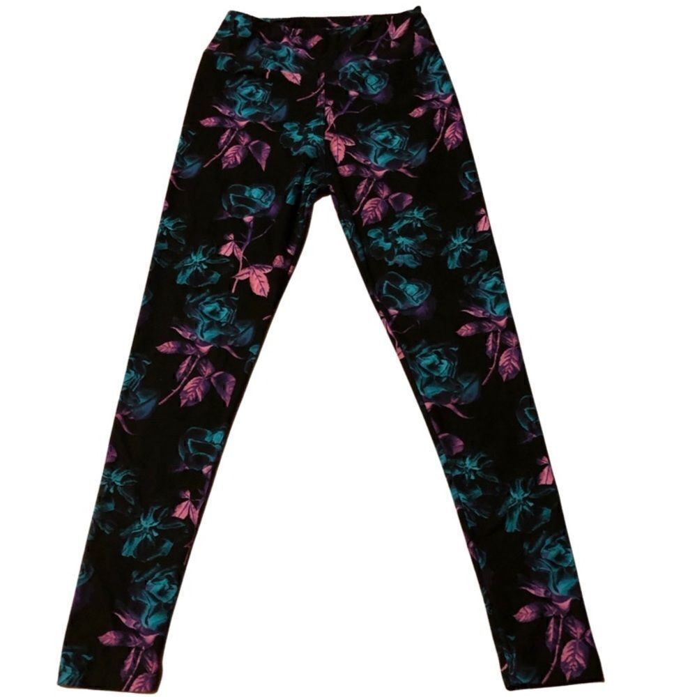 Floral leggings - black with teal, purple, pink flowers-stretchy, colorful